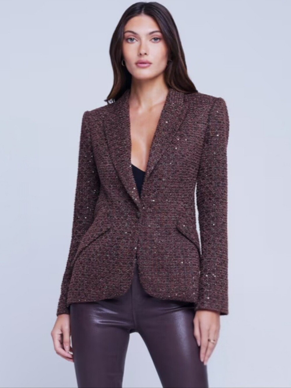 L'AGENCE Chocolate Brown Metallic Tweed Chamberlain Blazer